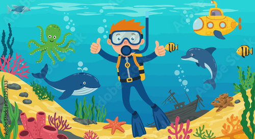 Discovering the Underwater World A Young Scuba Diver Explores the Ocean's Wonders Encountering Majestic Whales Dolphins Playful Octopuses and a Curious Turtle on a Thrilling Marine Adventure