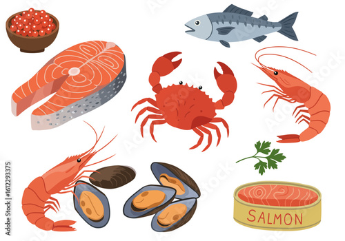 A vibrant collection of fresh seafood and ocean delicacies including salmon steak caviar crab shrimp mussels and canned fish representing healthy eating and culinary delights