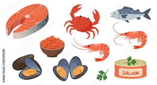 A Delicious Assortment of Fresh Seafood Including Salmon Steak Caviar Mussels Shrimp Crab and Canned Salmon Perfect for Healthy Eating and Culinary Inspiration