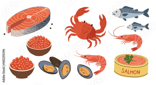 Discover delightful seafood variety including fresh salmon steak, succulent shrimp, vibrant crab, rich caviar, plump mussels, and canned salmon for culinary inspiration and healthy eating.