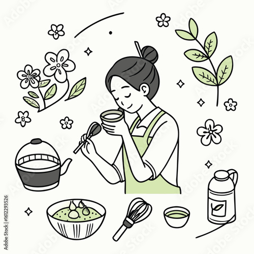 Woman preparing matcha tea surrounded by ingredients and tools in a hand drawn style green tea preparation