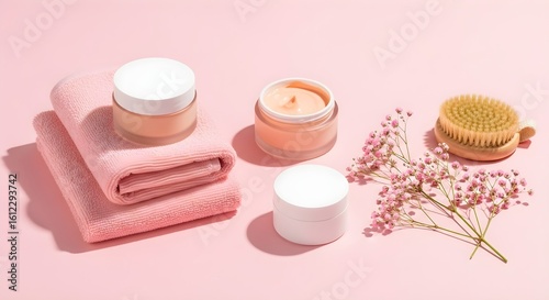 Minimalist Skincare and Beauty Products with Pink Towels and Flowers on Pastel Background