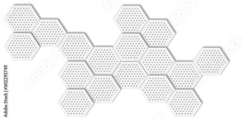  modern and minimalist in style Arrangement of white hexagonal tiles with small holes white background.