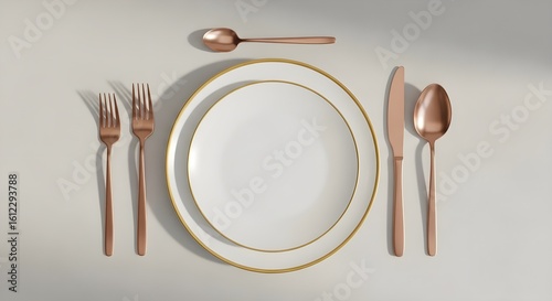 Elegant Table Setting with White Plates and Rose Gold Cutlery on Neutral Background – Top View