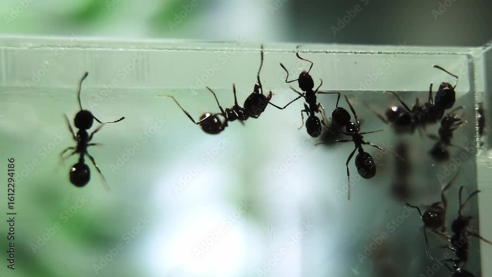 A colony of black reaper ants trying to get out of the acrylic formicarium side view close-up. Observation of the animals lifestyle. An ant farm. Small pets. High quality 4K footage.