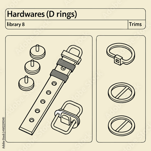 Vector illustrations of metal D rings strap buckles and fasteners hardware