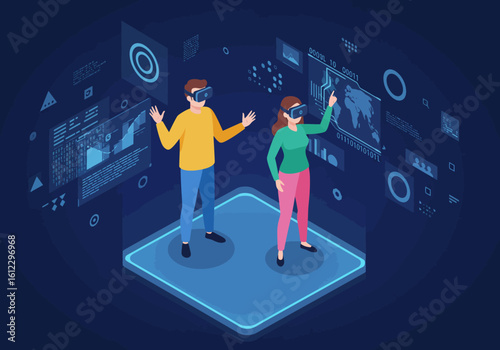Immersive Virtual Reality Experience Showcasing Futuristic Technology and Interactive Digital Interfaces with People Engaging in Advanced Simulations for Enhanced Learning and Entertainment