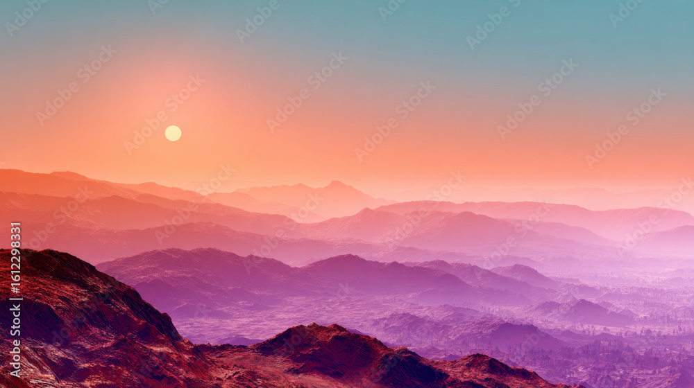 Obraz premium Radiant abstract mountainscape in sunset hues with layered color-rich terrain