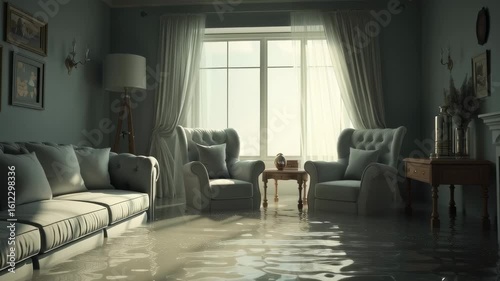 A flooded living room with water covering the floor, soaking furniture and decor after heavy rain.