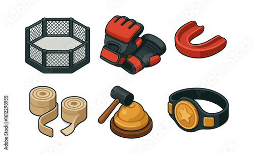 Isometric mma equipment set: gloves, ring, and more for fighters