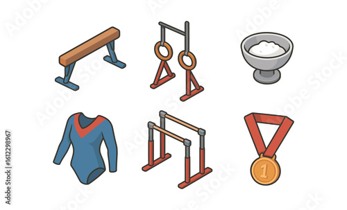 Isometric gymnastics icons set with equipment and medal