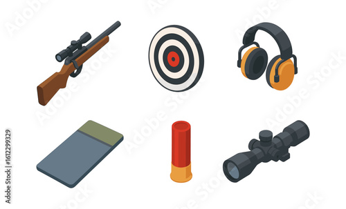 Isometric shooting gear set with rifle, target, and accessories