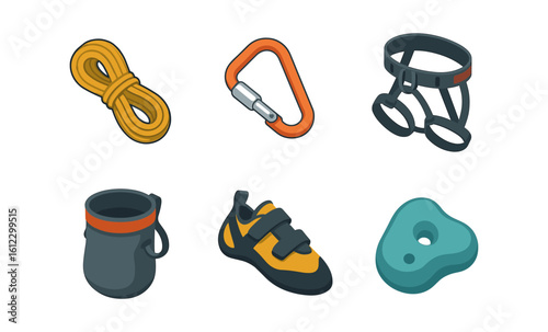 Essential climbing gear: rope, carabiner, harness, chalk bag, shoes, hold