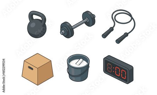 Gym equipment in isometric style featuring dumbbell, kettlebell, and more