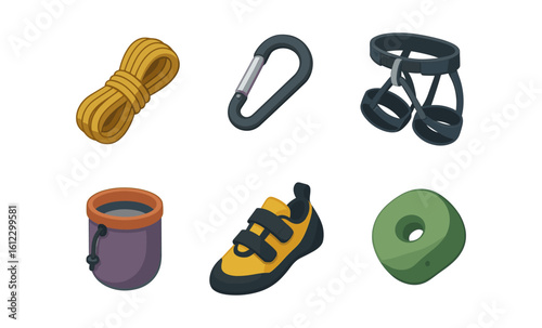 Essential gear for rock climbing enthusiasts in isometric design