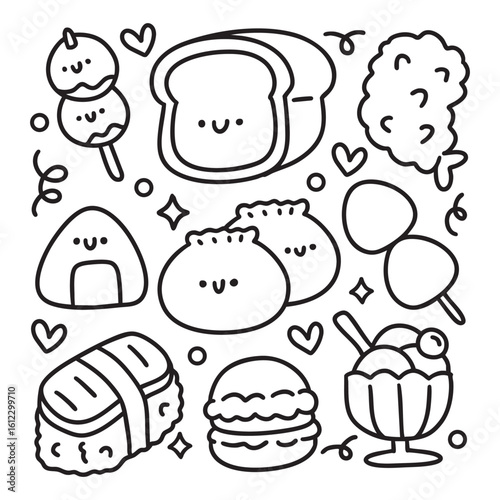Cute Kawaii Hand Drawn Doodles Elements for Coloring Page