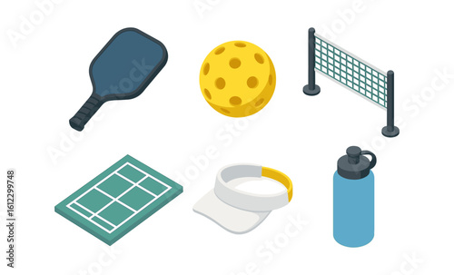 Isometric pickleball equipment set with paddle, ball, and net on white background