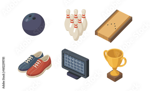Isometric bowling equipment and accessories on white background