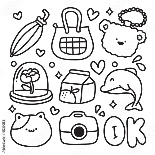 Cute Kawaii Hand Drawn Doodles Elements for Coloring Page