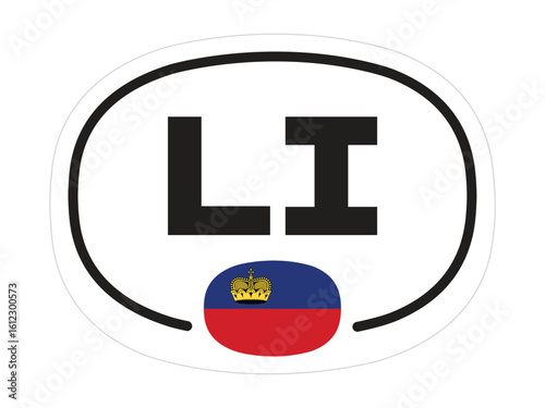 Liechtenstein Country Code Sticker – Oval LI Emblem with Flag Symbol, Royal Crown Graphic on Isolated Background for Travel and National Identity Designs