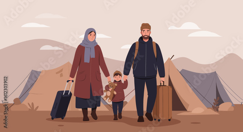 A family of refugees walks through a camp with tents in the background carrying luggage a mother father and child hold hands