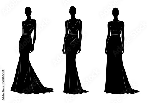 Elegant silhouettes of three women wearing floor-length evening gowns showcasing diverse styles and sophisticated designs perfect for formal occasions and special events