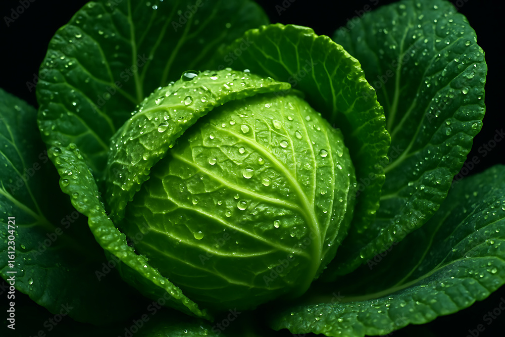 Fototapeta premium Fresh Green Cabbage with Water Droplets Close Up