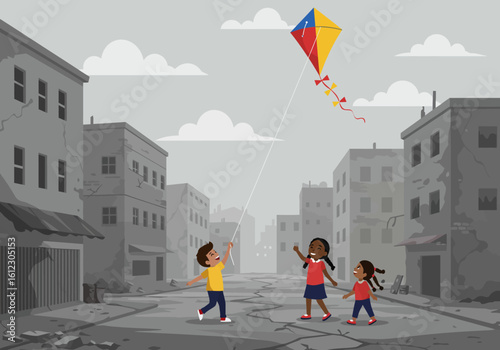 Hopeful children flying a vibrant kite amidst a desolate urban landscape evoke resilience and joy in difficult circumstances
