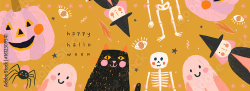 Happy Halloween: Cute, fun, modern, cheerful, kind vector illustration of greeting card. Pumpkin, witch, ghost, cat, pattern, skeleton for invitation and background. Spooky, autumn, holiday, party.
