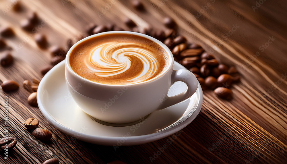 Obraz premium close up of fresh coffee in white cup with creamy swirl