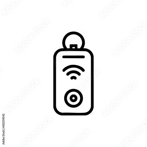 Line icon of a smart key fob with NFC or wireless signal lines, symbolizing advanced digital access for vehicles, doors, or electronic locks.

