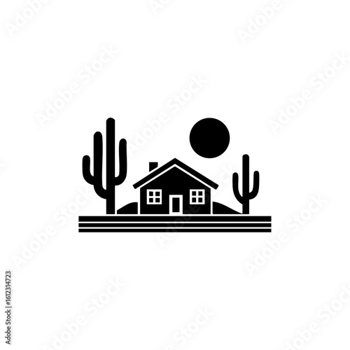 Black vector icon of a desert house surrounded by cactus plants and a sun, symbolizing remote rural living or southwestern real estate.
