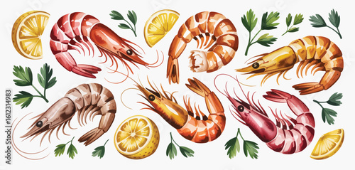 Assortment of fresh raw shrimp with lemon slices and parsley