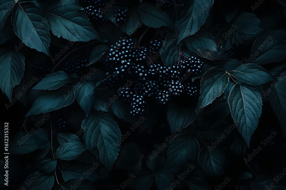 Fototapeta premium a cluster of small, dark colored berries amid a dense arrangement of leaves
