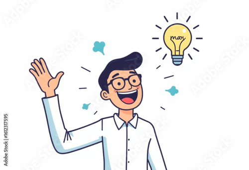 Homem sorridente de óculos com uma lâmpada obtendo ideia.