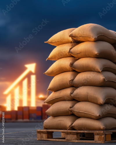Stacked burlap sacks on a pallet with a glowing upward arrow graph in the background symbolizing growth or increasing supply.