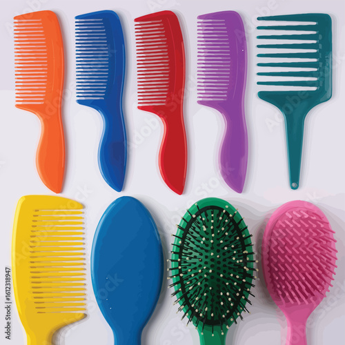 Collection of colorful hair combs and brushes arranged on a white background