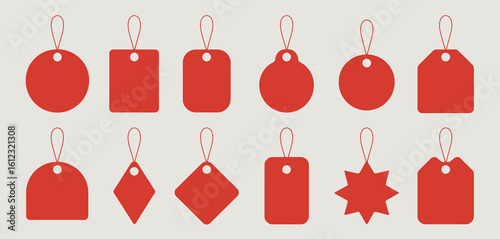 Collection of various red gift tags and price tags with strings