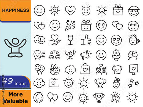 Happiness Black And White Vector Line Icons set.