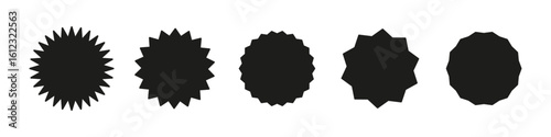 Circle discount stickers set. Blank sale stickers. Wavy black edge promo badges, simple silhouette. Star burst shape tags for price. Vintage flat labels. Vector illustration