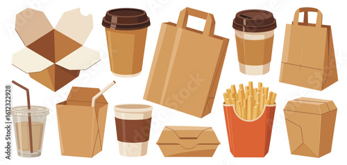 Collection of takeout food and drink packaging items