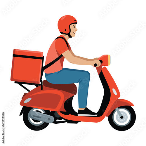 Delivery man riding a red scooter with a large insulated bag
