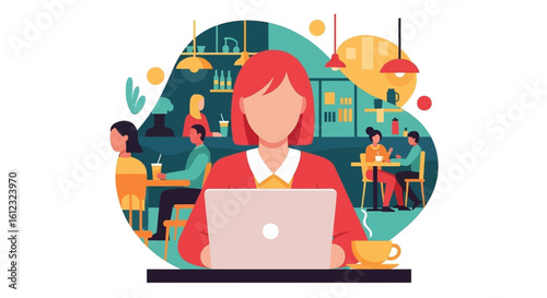 Woman working on laptop in a busy cafe, perfect for website banners or blog posts about remote work or coffee shop culture.