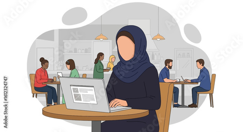 business hijab woman working on laptop, perfect for website banners or blog posts about remote work.