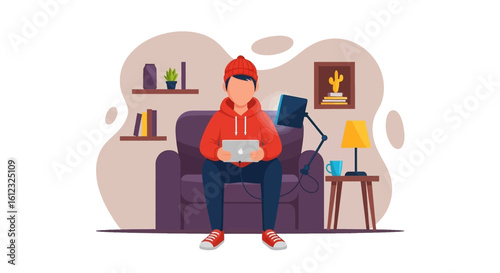 Person relaxing at home using a tablet, perfect for website banners or blog posts about comfort and technology.