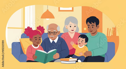 Multigenerational family reading together at home, perfect for family, togetherness, and education campaigns.
