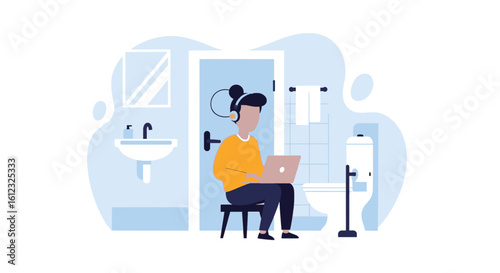 Person working on laptop in bathroom, perfect for illustrating work-life balance or remote work challenges.