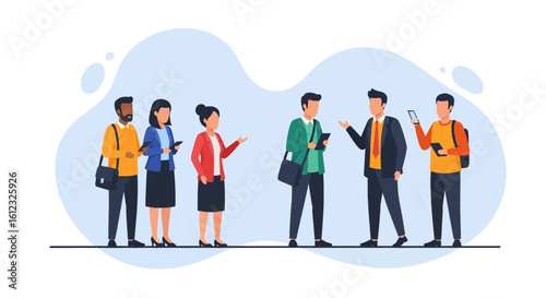 Diverse group of business professionals collaborating and using mobile devices. Ideal for websites, presentations, and marketing materials.