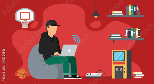 Young man using laptop in his room, playing video games and basketball. Ideal for blogs about gaming, technology, or lifestyle.