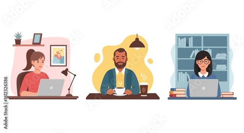 Diverse people working remotely from home, perfect for illustrating remote work, work from home, or telecommuting concepts.